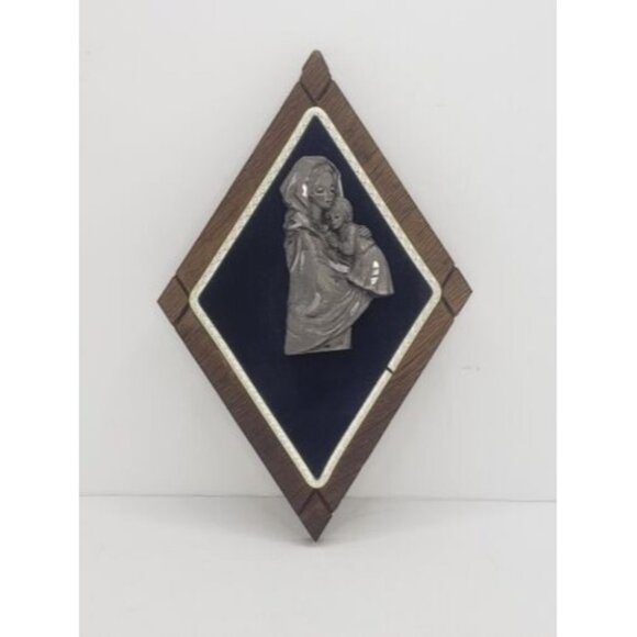 Peltro Cesellato a Mano Pewter Madonna Mary with Child Blue Velvet made in Italy - Picture 2 of 4